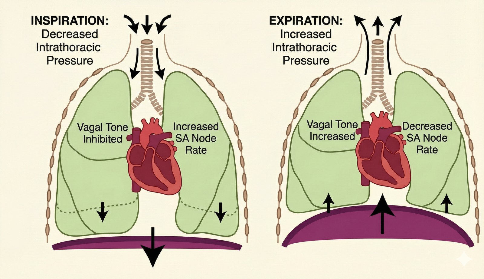Two-panel diagram comparing inspiration and expiration. On inspiration, intrathoracic pressure decreases, vagal tone is inhibited, and the sinoatrial node rate increases. On expiration, intrathoracic pressure increases, vagal tone increases, and the sinoatrial node rate decreases.