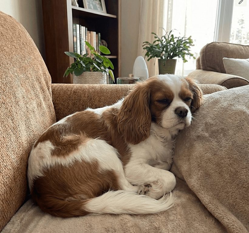 A Cavalier King Charles Spaniel resting on a couch
